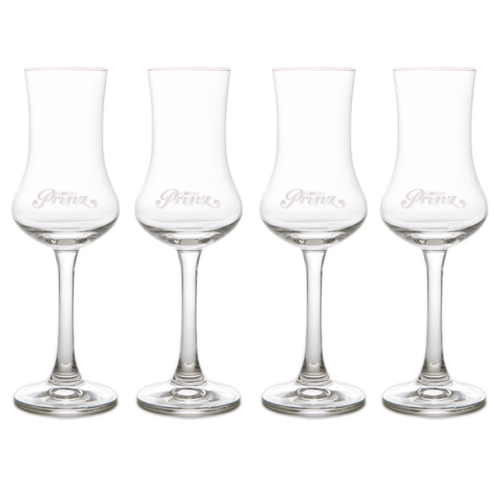 4x Orig. Prinz-Schnapskelch: Schnaps Gläser mit Prinz-Gravur und Eichstrich