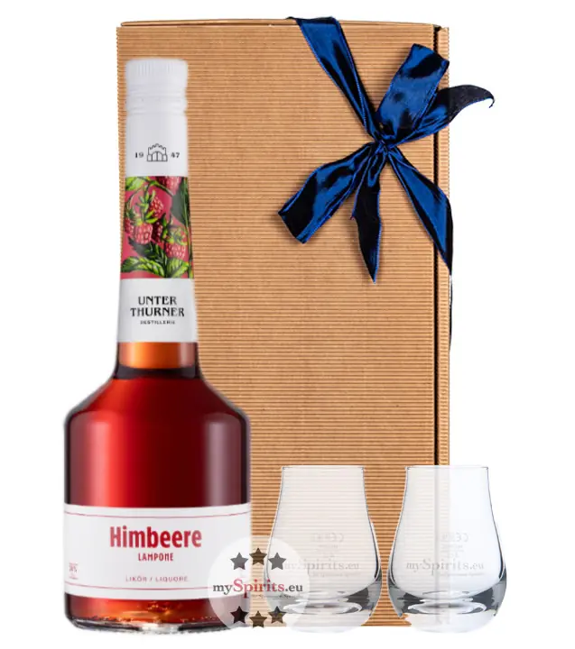 Unterthurner Geschenkset: Waldhimbeere Hauslikör Lampone (28 % vol. / 0,7 L) + 2 x kleines mySpirits-Nosingglas in Geschenkbox