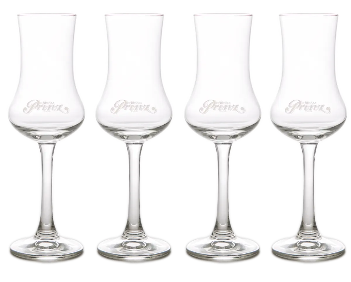 4x Orig. Prinz-Schnapskelch: Schnaps Gläser mit Prinz-Gravur und Eichstrich