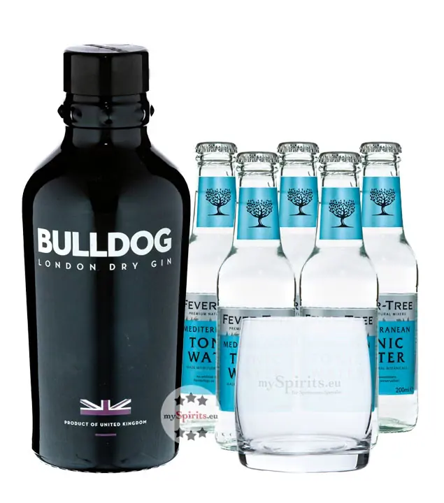 Bulldog Gin (40 % Vol. 0,7 L) & 5 x Fever-Tree Mediterranean Tonic Water (0,2 L) inkl. 0,75 € Pfand + 1 Tumbler-Glas