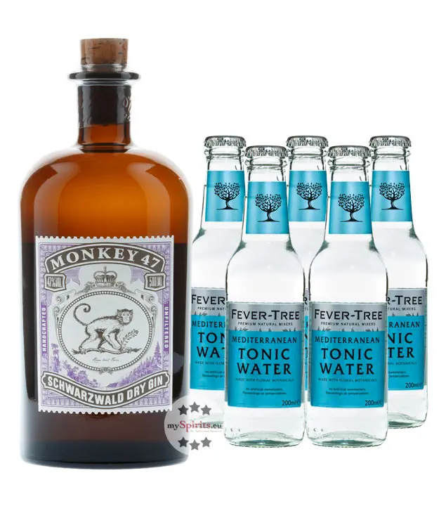 Monkey 47 Gin (47 % Vol. / 0,5 Liter) + 5 x Fever-Tree Mediterranean Tonic (0,2 L) inkl. 0,75 € Pfand