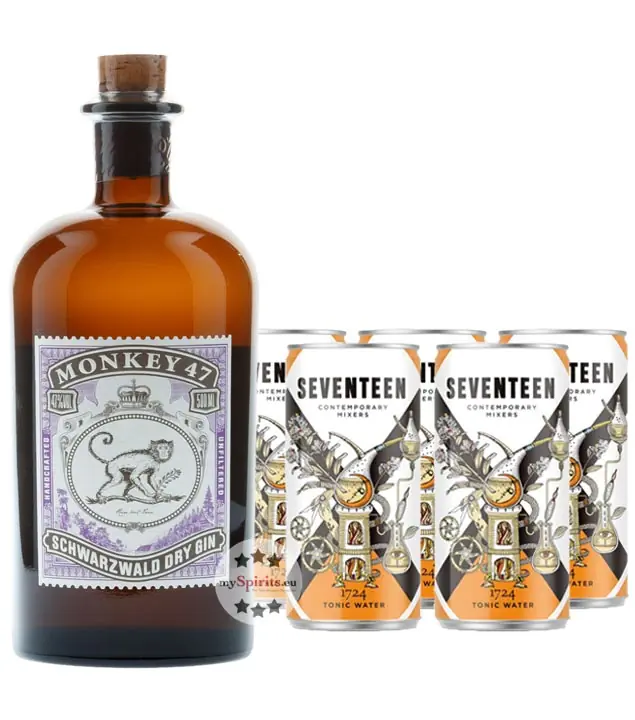 Gin Tonic Set: Monkey 47 Gin (47 % Vol. / 0,5 Liter) + 5 x 1724 Tonic Water (0,2 Liter) inkl. 1,25 € Pfand