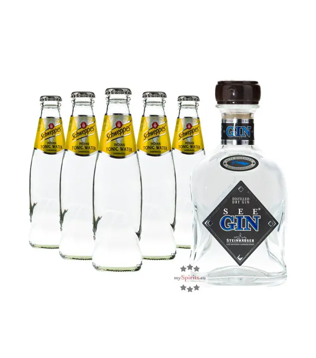 Steinhauser See Gin (48% Vol., 0,7 L) & 5 x Schweppes Indian Tonic Water (0,2 L) inkl. 0,50€ Pfand