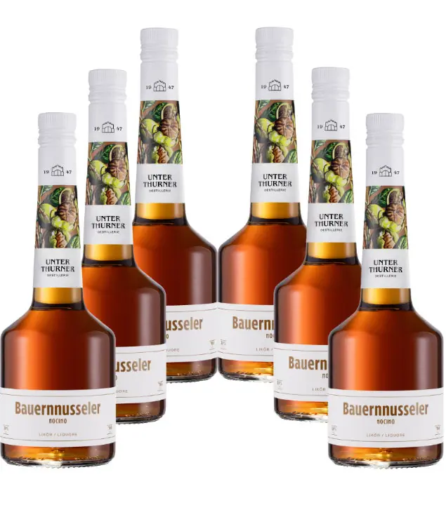 Unterthurner Bauernnusseler 6 Flaschen Walnuss-Likör mit Grappa / 39 % vol. / 6 x 0,7 Liter-Flasche