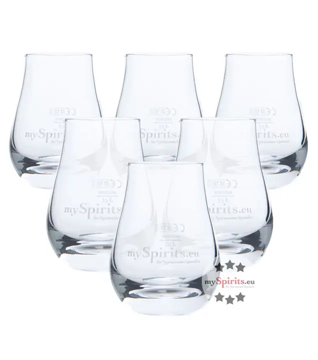 6 x mySpirits Schnapsglas mit mySpirits-Druck + 4cl Eichstrich / Fassungsvermögen: 12 cl, Höhe: 8 cm