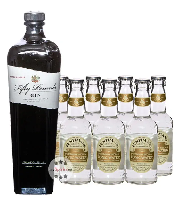 Fifty Pounds Gin (43,5 % Vol., 0,7l) + 7 x Fentimans Tonic Water (0,2l) inkl. 1,75 € Pfand