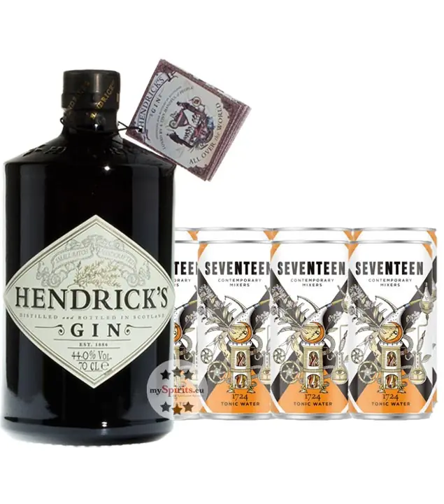 Gin Tonic Set: Hendrick’s Gin (44 % Vol. / 0,7 Liter) + 8 x 1724 Tonic Water (0,2 Liter) inkl. 2,00 € Pfand