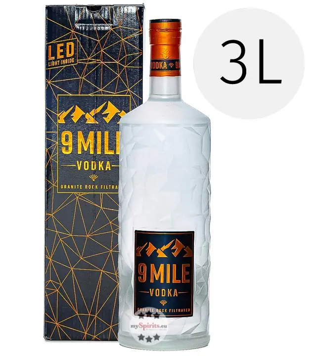 9 Mile Vodka Granite Rock Filtrated / 37,5 % Vol. / 3,0 Liter-Flasche mit LED-Licht