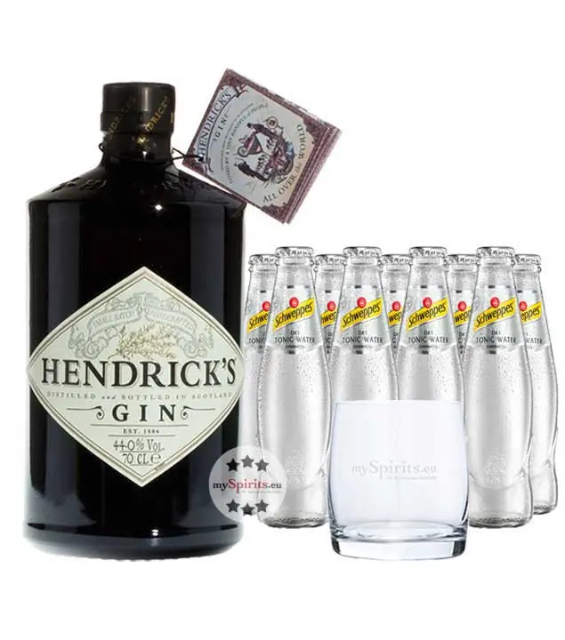 Hendrick’s Gin (44 % vol. / 0,7 Liter) & 9 x Schweppes Dry Tonic Water (0,2 Liter) inkl. 0,90 € Pfand + 1 Tumbler Glas