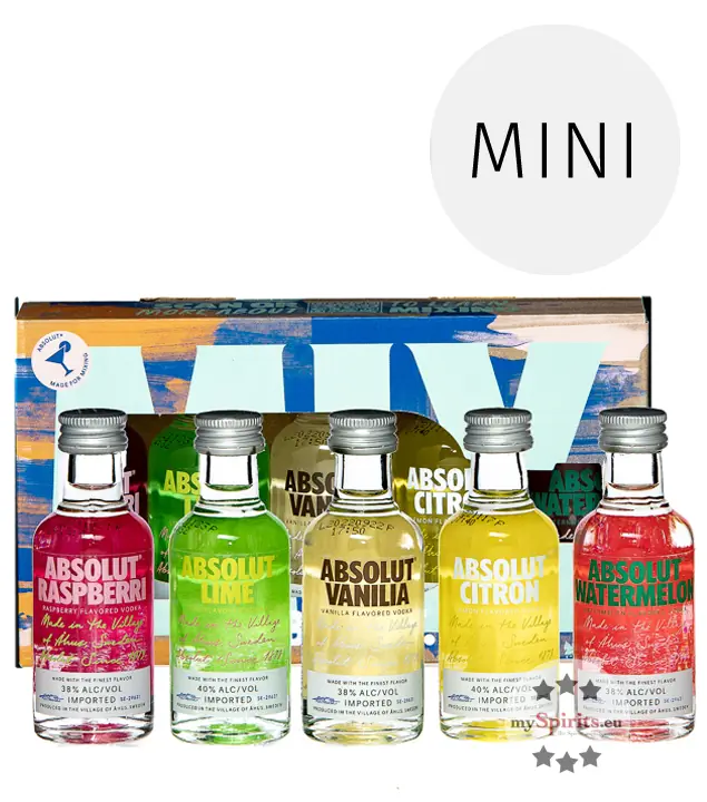 Absolut Five Set mit 5 Flavoured Vodka Miniaturen Probierset / 40 % Vol. / 5 x 0,05 Liter-Flasche in Box
