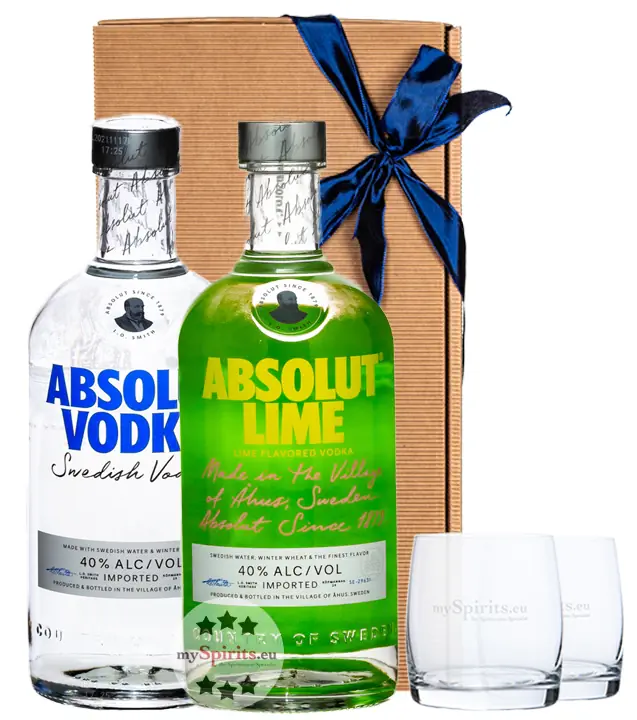 Absolut Vodka (40 % Vol / 0,7L) + Absolut Vodka Lime (40 % Vol. / 0,7L) + 2x mySpirits Tumbler in Geschenkbox
