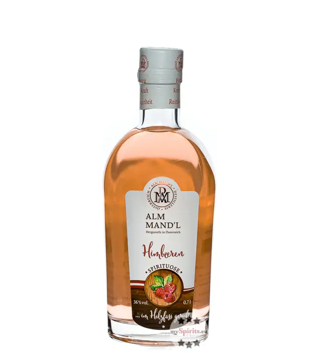 Alm Mand'l Himbeeren Schnaps im Holzfass gereift / 36 % Vol. / 0,7 Liter-Flasche