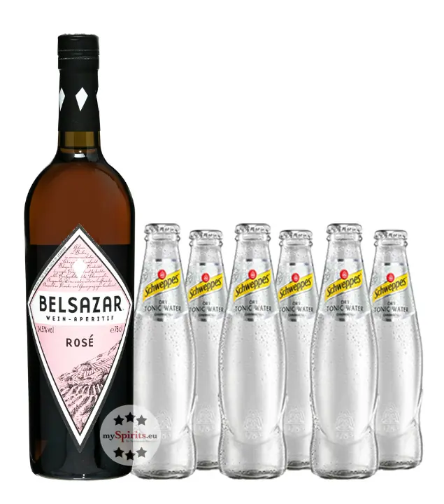 Belsazar Tonic Set: Belsazar Rosé Vermouth (17,5 % vol, 0,75l) & 6 x Schweppes Dry Tonic Water 0,2l inkl. 0,60 € Pfand