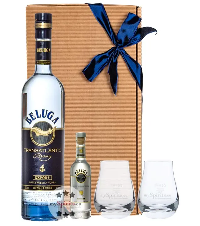 Vodka Geschenkset: Beluga Transatlantic Vodka (40 % Vol. / 0,7 L) + Beluga Noble Russian Vodka Miniatur (40 % Vol. / 0,05 L) + 2 kleine mySpirits Nosing-Gläser in Geschenkbox