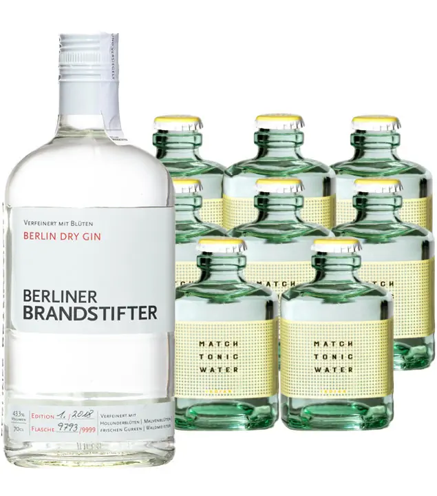 Berliner Brandstifter Gin (43,3 % vol, 0,7 l) & 8 x Match Indian Tonic Water (0,2 l) inkl. 2,40 € Pfand