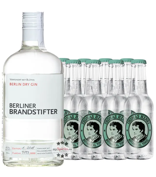 Gin Tonic Set: Berliner Brandstifter Gin (43,3 % Vol. / 0,7 Liter) + 8 x Thomas Henry Botanical Tonic Water (0,2 Liter) inkl. 1,20 € Pfand