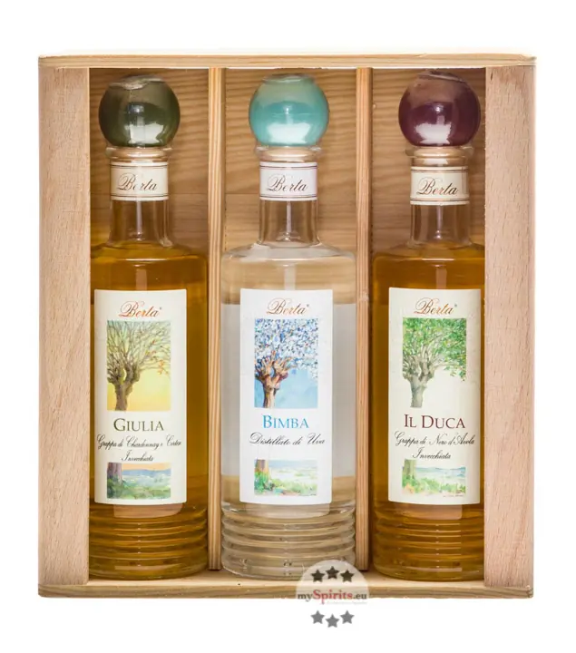 Berta: Primavene Grappa Box mit 6 Flaschen / 40 % Vol. / 6 x 0,2 Liter-Flasche in Holzkiste