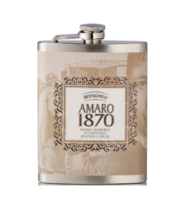 Bertagnolli Flachmann Amaro 1870 / 27 % vol / 0,2 Liter-Flasche aus Edelstahl
