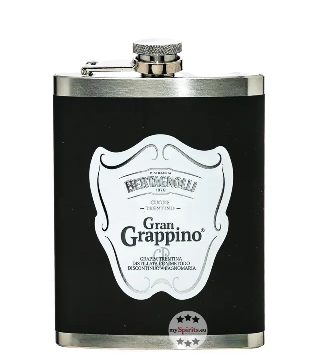 Bertagnolli Flachmann Gran Grappino Bianco Grappa / 42 % vol / 0,2 Liter-Flasche aus Edelstahl