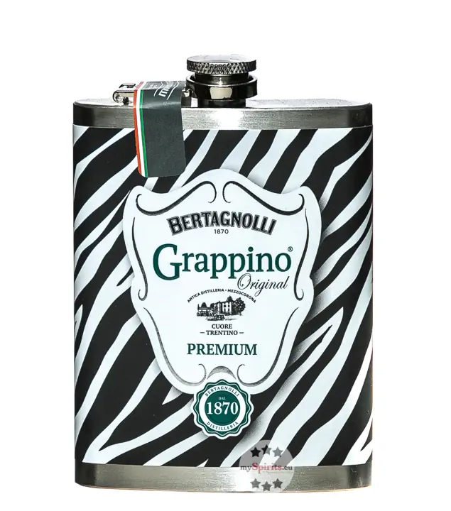 Bertagnolli Flachmann Grappino Bianco Zebra / 38 % vol / 0,2 Liter-Flasche aus Edelstahl