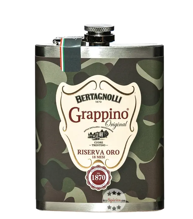 Bertagnolli Flachmann Grappino Riserva Oro Camouflage / 38 % vol / 0,2 Liter-Flasche aus Edelstahl