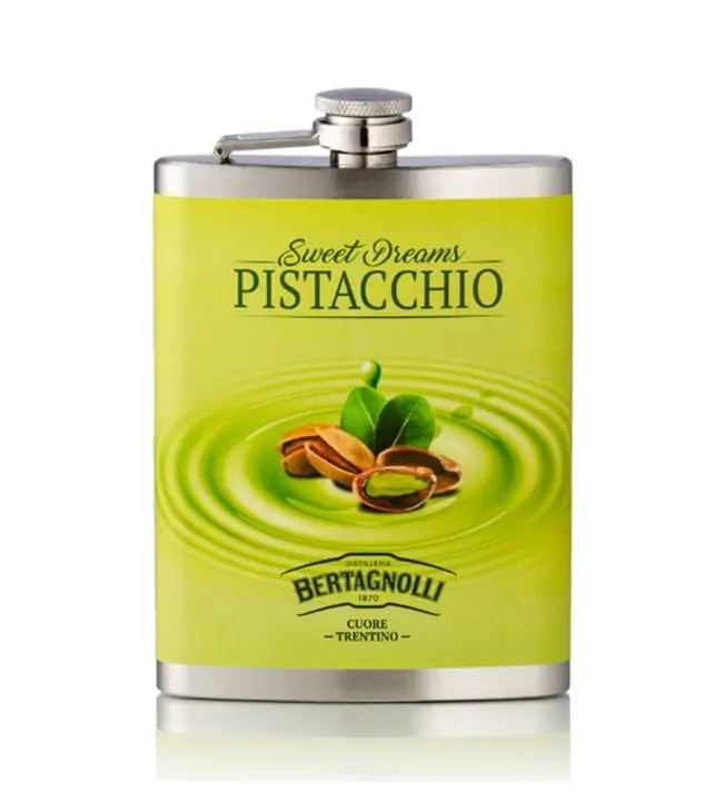 Bertagnolli Flachmann Sweet Dreams Pistacchio Pistazienlikör / 17 % vol / 0,2 Liter-Flasche aus Edelstahl
