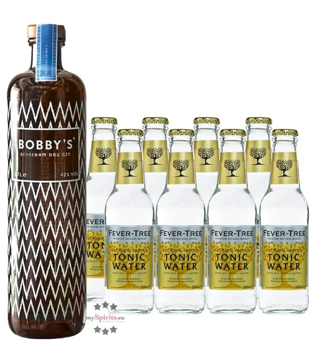 Bobby’s Dry Gin (42 % Vol. / 0,7 Liter) + 8 x Fever-Tree Indian Tonic Water (0,2 L) inkl. 1,20 € Pfand