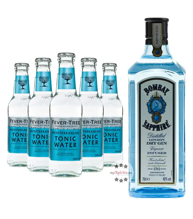 Bombay Sapphire London Dry Gin (40% Vol., 1,0 L) & 5 x Fever-Tree Mediterranean Tonic Water (0,2 L) inkl. 0,75 € Pfand