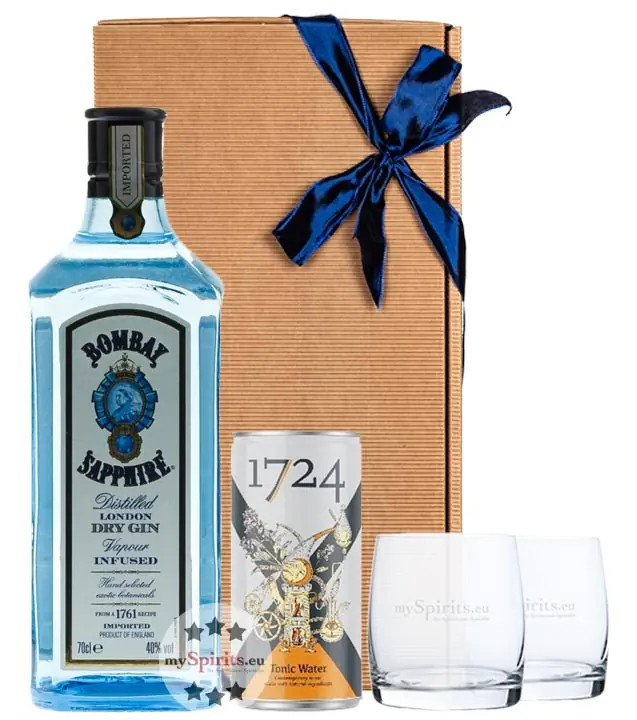 Geschenk-Set: Bombay Sapphire Gin (40 % Vol. / 0,7 L) + 1724 Tonic Water (0,2 L) inkl. 0,25 € Pfand + 2 x mySpirits Tumbler in Geschenkbox