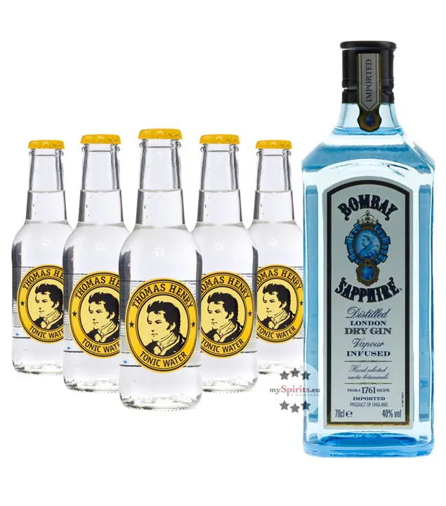 Bombay Sapphire London Dry Gin (40% Vol., 1,0 L) & 5 x Thomas Henry Tonic Water (0,2 L)