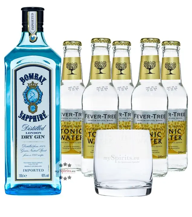Bombay Sapphire Gin (40 % Vol., 0,7 L) & 5x Fever-Tree Tonic Water 0,2 L inkl. 0,75 € Pfand + 1 Glas