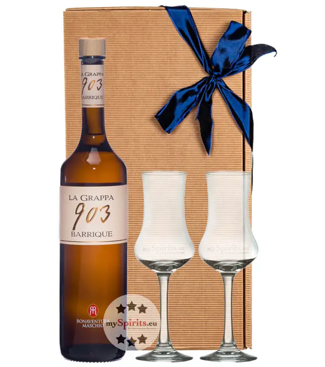 Geschenk-Set: Bonaventura Maschio Grappa 903 Barrique (40 % Vol. / 0,7 L) + 2 x mySpirits Schnapskelch in Geschenkbox