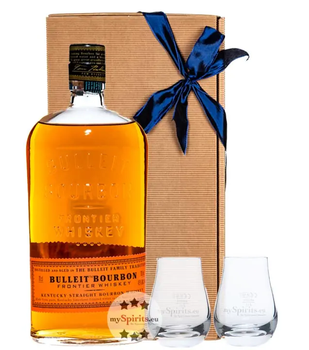 Geschenk-Set: Bulleit Bourbon Frontier Whiskey (45 % Vol. / 0,7 L) + 2 x mySpirits kleines Nosingglas in Geschenkbox