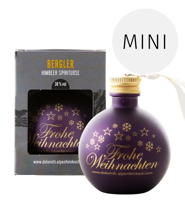 Dolomiti Christbaumkugel mit Bergler Himbeerschnaps / 38 % vol / 0,04 Liter