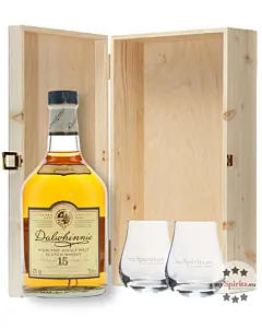 Geschenkset Dalwhinnie 15 Jahre Whisky (43 % Vol. / 0,7 l) mit zwei Nosing-Gl&auml;sern in Holzschatulle
