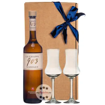 Geschenk-Set: Bonaventura Maschio Grappa 903 Barrique (40 % Vol. / 0,7 L) + 2 x mySpirits Schnapskelch in Geschenkbox