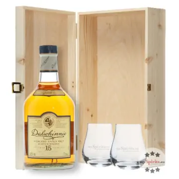 Geschenkset Dalwhinnie 15 Jahre Whisky (43 % Vol. / 0,7 l) mit zwei Nosing-Gläsern in Holzschatulle