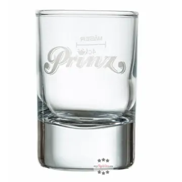 Prinz: Original Schnaps Glas - Stamperl mit Eichstrichen 0,04 und 0,02 mit Prinz-Logo in Weiß