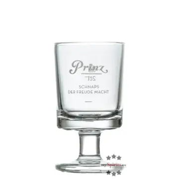 Prinz: Original Schnapsglas "Stamperl" mit Stiel klein - weißer Schriftzug / 2cl Eichstrich / Ø ca. 3,5 cm / H: ca. 7 cm