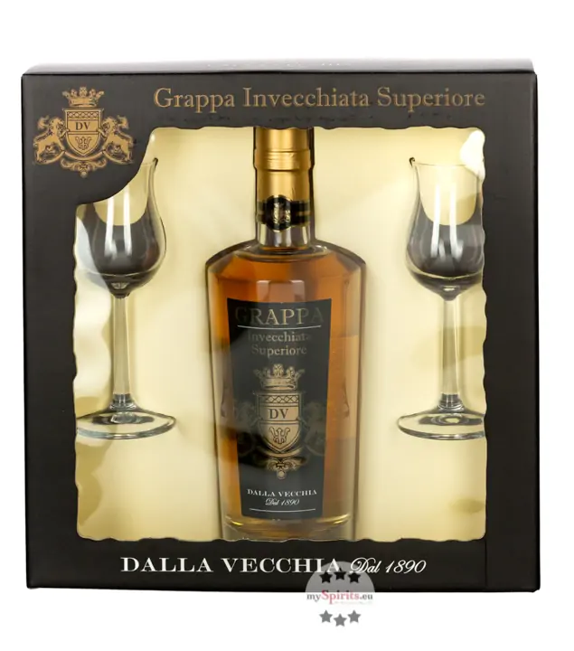 Dalla Vecchia Grappa Set Invecchiata Superiore + 2 Gläser / 40 % Vol. / 0,5 Liter-Flasche in Geschenkbox