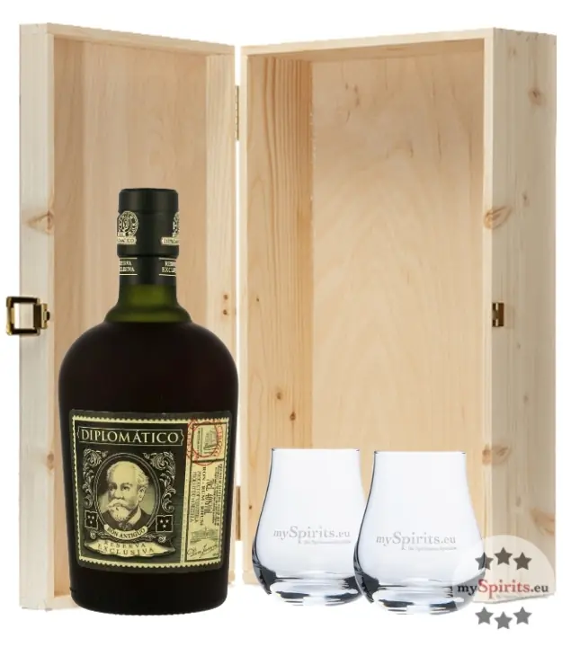 Geschenkset Botucal Reserva Exclusiva Rum (40 % Vol. / 0,7 l) mit zwei Nosing-Gläsern in Holzschatulle