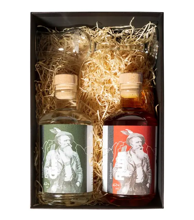 Dolomiti Geschenkset Dry Gin und Rum mit Schnapskelch / 42 % Vol. / 2 x 0,5 Liter-Flasche + 1 x Glas in Geschenkkarton