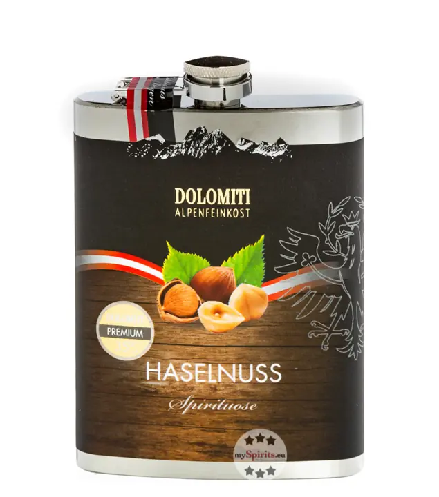 Dolomiti: Flachmann Haselnuss Schnaps / 35 % Vol. / 0,2 Liter-Flasche aus Edelstahl
