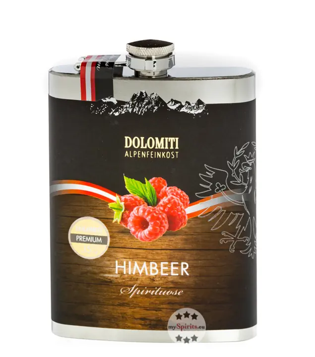 Dolomiti: Flachmann Himbeer Schnaps / 35 % Vol. / 0,2 Liter-Flasche aus Edelstahl
