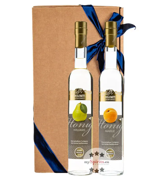 Dolomiti Geschenk-Set Honig Marille & Honig Williams Premium / 35 % vol. / 2 x 0,5 Liter-Flasche in Geschenk-Schachtel