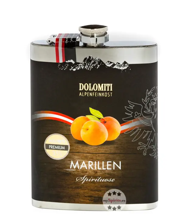Dolomiti: Flachmann Marillen Schnaps / 35 % Vol. / 0,2 Liter-Flasche aus Edelstahl