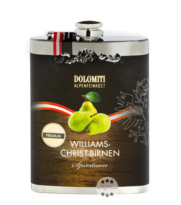 Dolomiti: Flachmann Williams Schnaps / 35 % Vol. / 0,2 Liter-Flasche aus Edelstahl