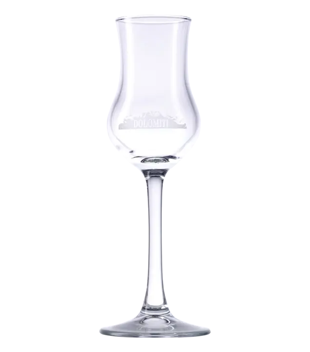 Dolomiti: Original Schnapskelch mit Gravur und 2cl Eichstrich (Glas mit Stiel) / H: 18 cm