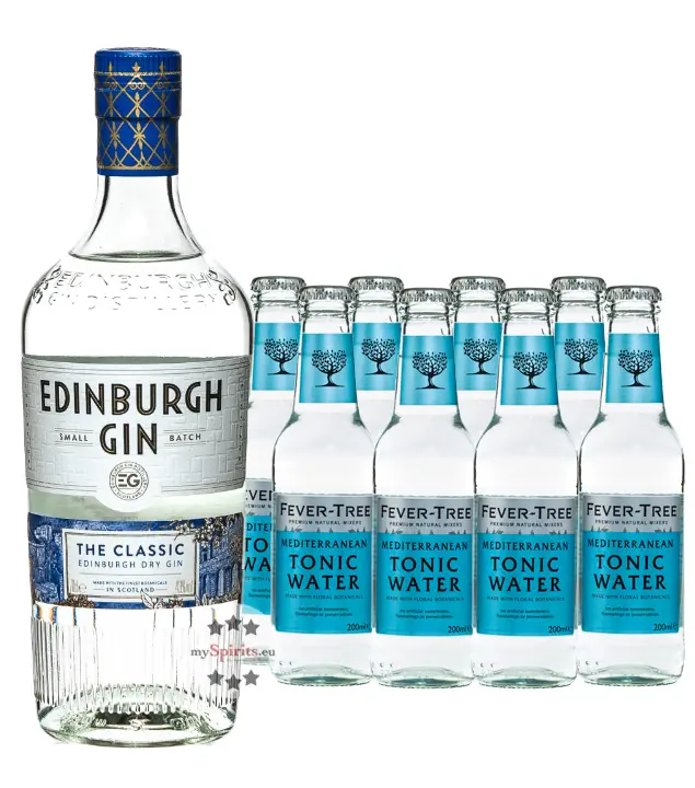 Edinburgh Gin (43 % Vol. / 0,7 L) + 8 x Fever-Tree Mediterranean Tonic Water (0,2 L) inkl. 1,20 € Pfand
