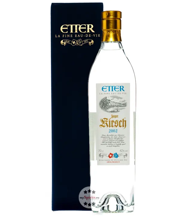 Etter Zuger Kirsch Jahrgangskirsch 2002 – Kirschwasser in der Geschenkschachtel / 42% vol. 0,7 Liter-Flasche